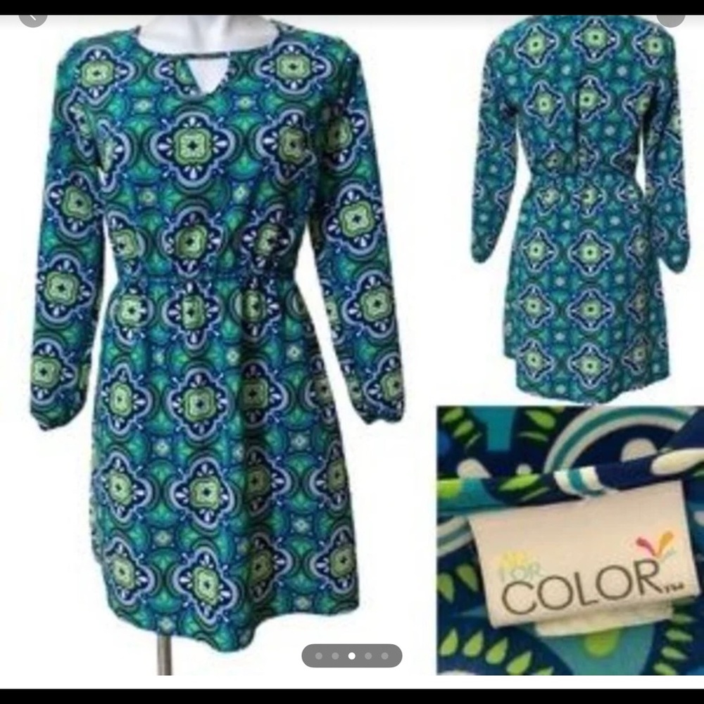 All for Color church Dress misses medium Blue green pattern 100% polyester NWOT
